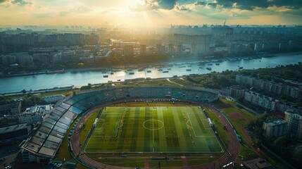 Sun-Drenched Aerial Perspective of an Empty Soccer Stadium Near a River at Sunset