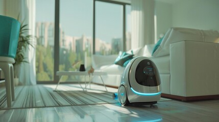 futuristic robot maid with a sleek white and blue design, cleaning the floor