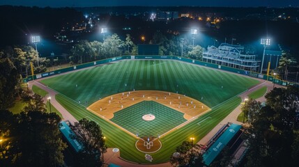 Aerial Nighttime View of an Empty Baseball Stadium Illuminated by Spotlights - obrazy, fototapety, plakaty