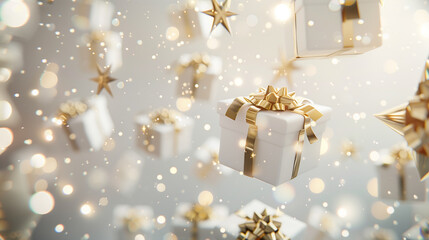 Ethereal image of white gift boxes with golden bows, floating among twinkling stars and soft glitter.