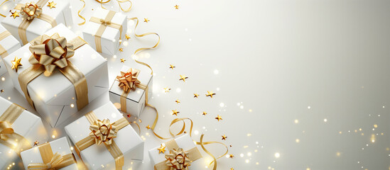 Pristine white gift boxes adorned with golden ribbons, surrounded by stars and golden dust on a sparkling background.