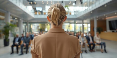Various businessmen listen to female business leader during corporate meeting or training lecture. Rear view of woman in business attire speaking to people in modern business center. Generative AI