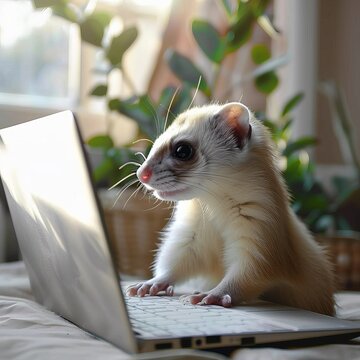 A clear, HD image of a white laptop being playfully explored by a cute ferret in a clean, modern setting