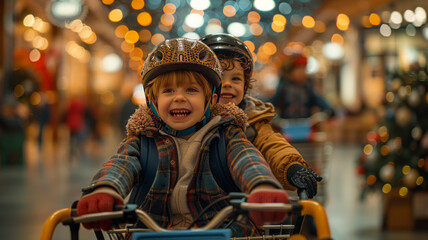 Fototapeta premium Joyful kids in mall cart, lit with natural elegance.generative ai