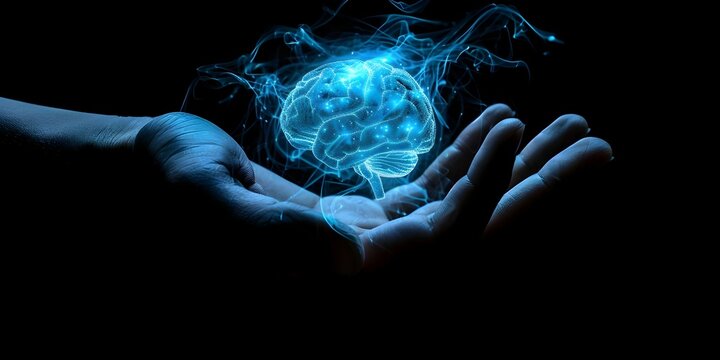 Abstract image of a hand holding a glowing blue brain representing technology science and digital medicine. Concept Technology, Science, Digital Medicine, Hand, Brain