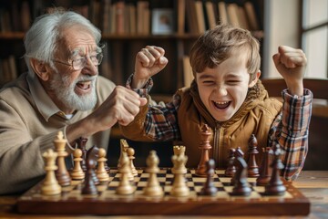 Children and grandparents play chess together. Happy boy and grandfather win, celebrate victory, shout yes hooray and do fist up gestures while sitting at table with sad grandma, Generative AI - obrazy, fototapety, plakaty