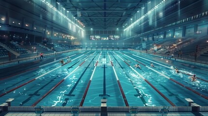 Busy Swimming Pool With Active Swimmers - obrazy, fototapety, plakaty