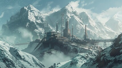 Snowy Mountain With Factory - obrazy, fototapety, plakaty