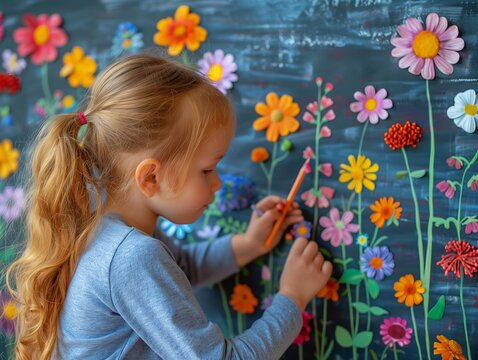 A little girl is drawing flowers on a blackboard