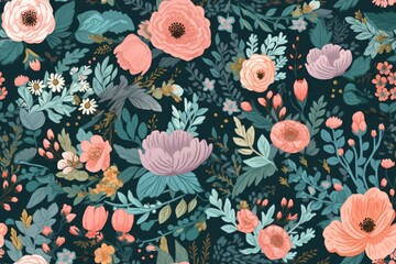 Vibrant Floral Pattern With Pink and Blue Flowers
