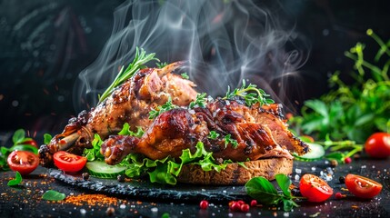 roasted chicken legs with a dynamic explosion of spices and herbs against a dark, elegant backdrop