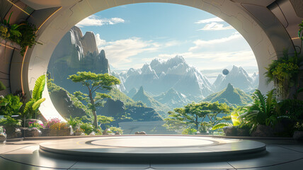 Fototapeta premium Futurisitic empty stage overlooking amazing view,generative ai
