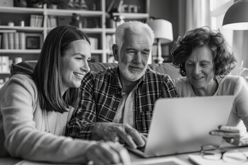 Happy caucasian couple sitting with a business broker or insurance agent showing project on a laptop screen. Clients having consultation with a man realtor or financial advisor at office,Generative A