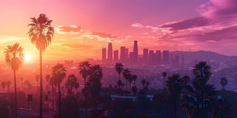 3D rendering of Los Angeles skyline at sunrise with palm trees creating an urban paradise. Concept Cityscape, Los Angeles, Sunrise, 3D Rendering, Urban Paradise