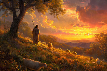 Jesus Christ standing in a meadow at sunset, a lamb hoisted on his shoulders - obrazy, fototapety, plakaty
