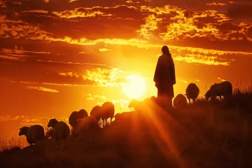 Foto op Plexiglas Jesus Christ standing on a hill in a meadow, overlooking a flock of sheep © mila103