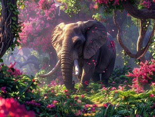 A realistic, beautiful HD fairy tale scene with a cute, magical elephant in a clean, vibrant jungle setting