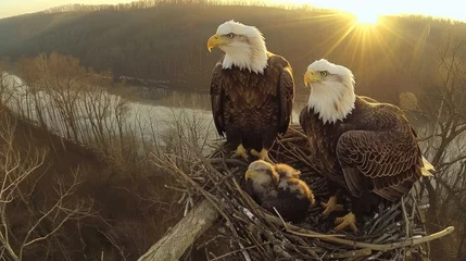  A live-streaming camera mounted on a sturdy tree branch, capturing a family of majestic bald eagles in their nest, with the parents nurturing their eaglets © Татьяна Креминская