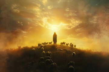 Obraz premium A man is standing in front of a herd of sheep