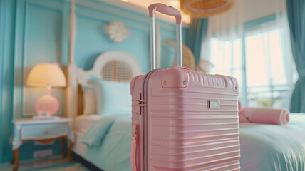summer suitcase with copy space on bedroom,generative ai