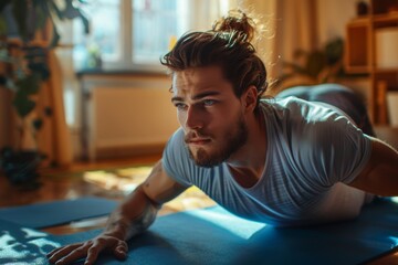 Portrait of a young attractive sporty man doing push-up or plank sport exercises lying on yoga mat on the floor in the living room at home. Fitness, workout and home training, Generative AI - obrazy, fototapety, plakaty