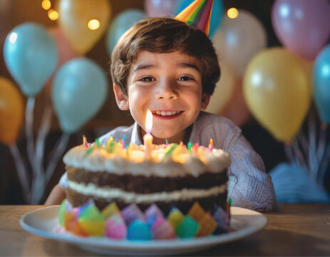 Um bolo confeitado com uma vela acesa, desfocado em primeiro plano e uma criança feliz e nítida ao fundo. Festa de aniversário com balões coloridos ao fundo.