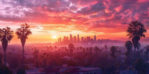 Creating an Urban Paradise: D Rendering of Los Angeles Skyline at Sunrise with Palm Trees. Concept Architecture, Urban Design, Los Angeles, Sunrise, Palm Trees