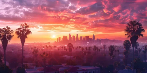 Zelfklevend Fotobehang Creating an Urban Paradise: D Rendering of Los Angeles Skyline at Sunrise with Palm Trees. Concept Architecture, Urban Design, Los Angeles, Sunrise, Palm Trees © Ян Заболотний
