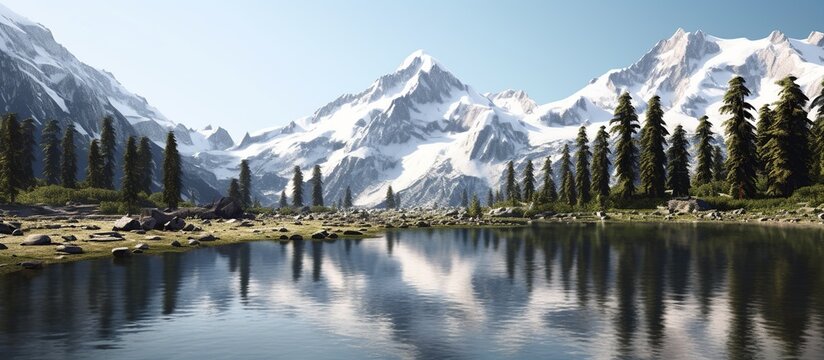 A beautiful mountain landscape with a lake in the foreground