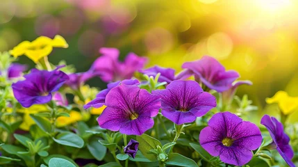  Flowerbed with beautiful purple and yellow petunia in the rays of the setting sun. © Tanya