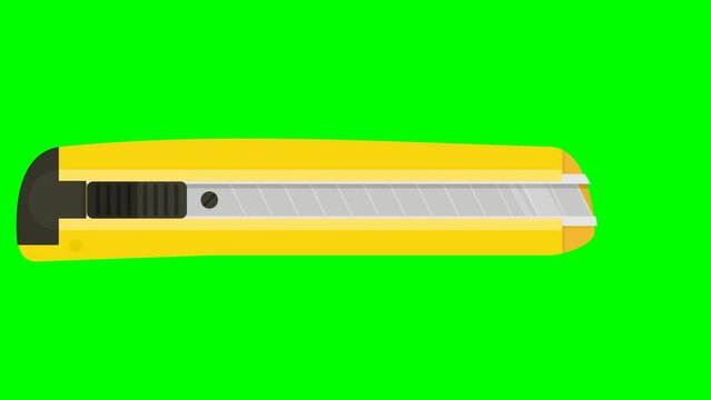 animation loop of a yellow flat design cutter with blade extension and reentry on green background, transparent background and with alpha channel