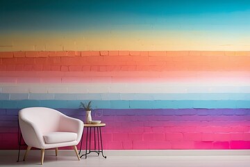 Comfortable armchair in modern living room interior with colorful rainbow wall and wooden floor