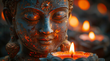 Candlelit Serenity. A close-up view of lit candles in decorative holders, casting a warm and golden glow against the backdrop of the Buddha's head