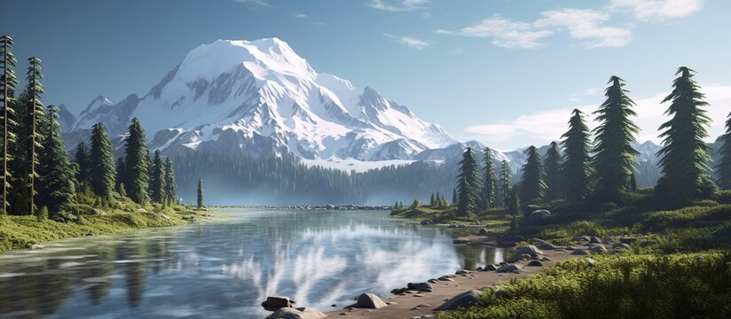 A beautiful mountain landscape with a lake in the foreground