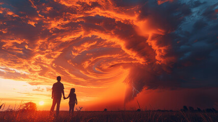 boy and girl hand in hand watch a giant tornado swirling in the valley.generative ai
