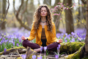 Beautiful woman with curly hair meditates in a forest among blooming purple crocus. Mental health...