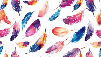 Fototapeta na wymiar Colorful Feathers Watercolor Pattern