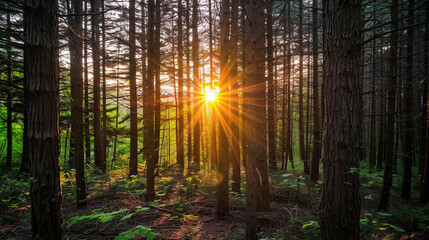 The sunrise rays of the sun shine through the trees in the coniferous forest.