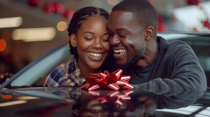 Man and Woman Smiling While Holding a Red Bow - obrazy, fototapety, plakaty