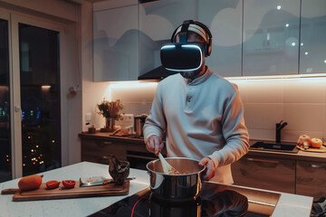 Man cooking on kitchen with virtual reality glasses