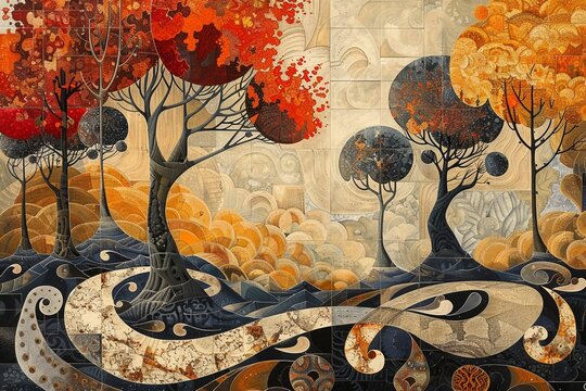 A beautiful painting of trees in the style of cubism