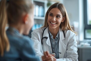 Friendly doctor talking to her young patient. Happy, smiling woman who works as a general practitioner is sitting at her desk and giving a medical consultation to a child. Generative AI - obrazy, fototapety, plakaty