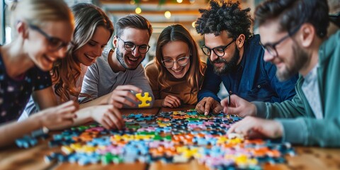 Happy company employees joining parts of jigsaw puzzle during work meeting or team building activity, Generative AI