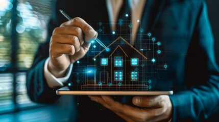 a male real estate agent in a suit presenting a digital model of a house on a tablet - obrazy, fototapety, plakaty