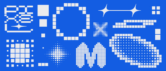 Simple abstract shape set geometric blue pixel art bitmap. Ideal for web design, app design, poster, clothes, retro aesthetic composition