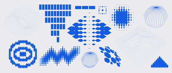 Simple abstract shape set geometric blue pixel art bitmap. Ideal for web design, app design, poster, clothes, retro aesthetic composition - 765052909