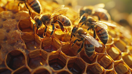 micro close up of bee on the bee hives.