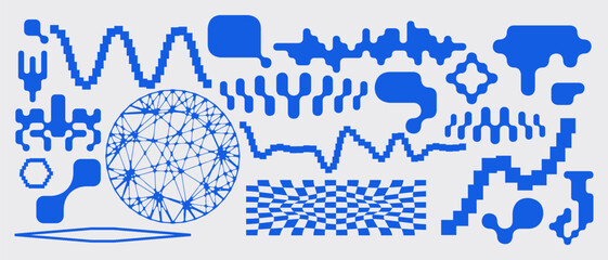 Simple abstract shape set geometric blue pixel art bitmap. Ideal for web design, app design, poster, clothes, retro aesthetic composition - 765052986