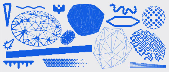 Simple abstract shape set geometric blue pixel art bitmap. Ideal for web design, app design, poster, clothes, retro aesthetic composition - 765052994