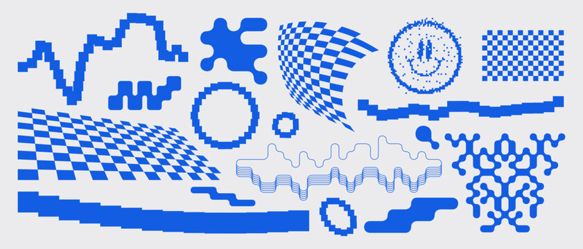 Simple abstract shape set geometric blue pixel art bitmap. Ideal for web design, app design, poster, clothes, retro aesthetic composition